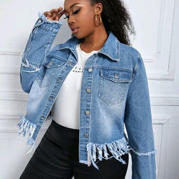 SXY Plus Flap Pocket Raw Trim Denim Jacket - Picture 1 of 7